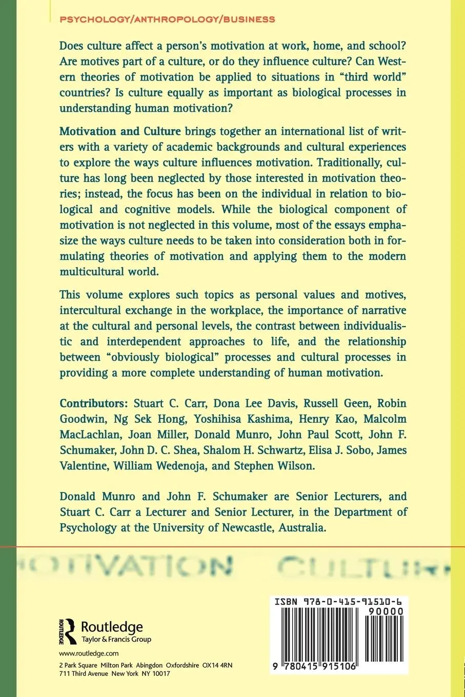 Rückseite: 9780415915106 | Motivation and Culture | Donald Munro (u. a.) | Taschenbuch | Englisch