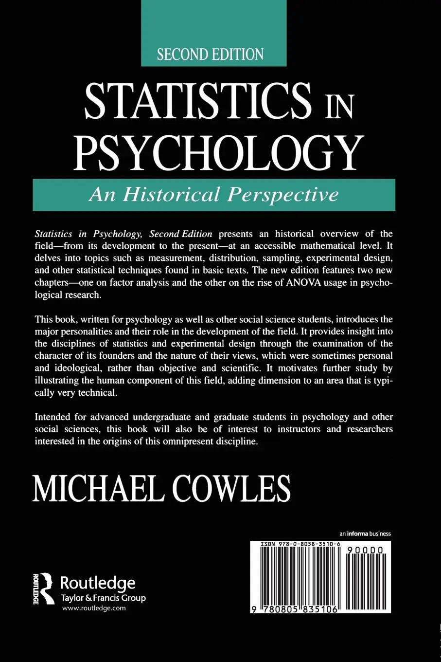 Rückseite: 9780805835106 | Statistics in Psychology | An Historical Perspective | Michael Cowles