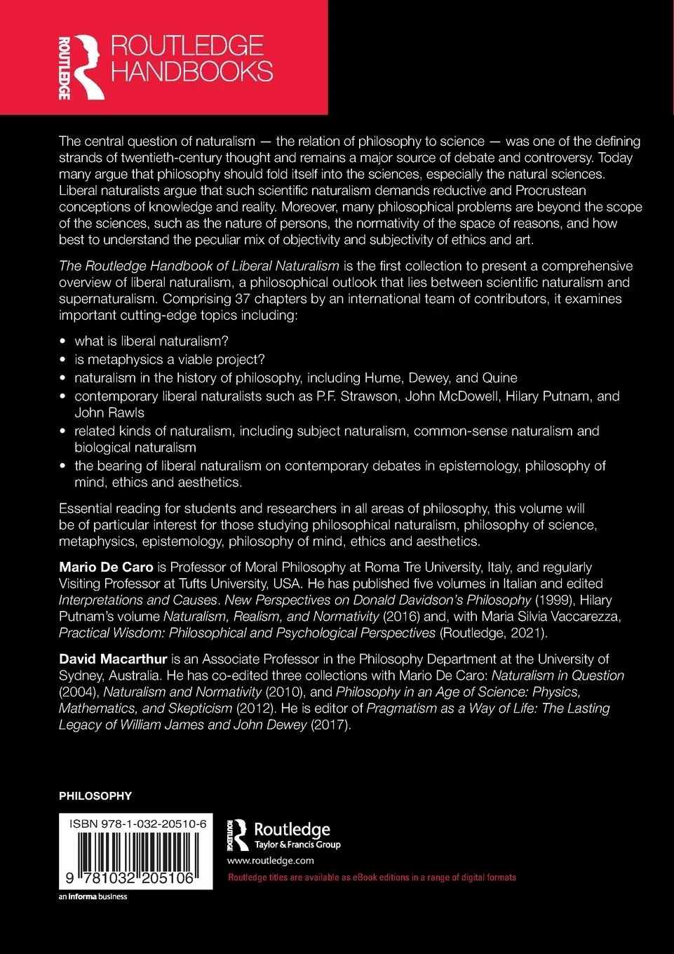 Rückseite: 9781032205106 | The Routledge Handbook of Liberal Naturalism | Mario De Caro (u. a.)