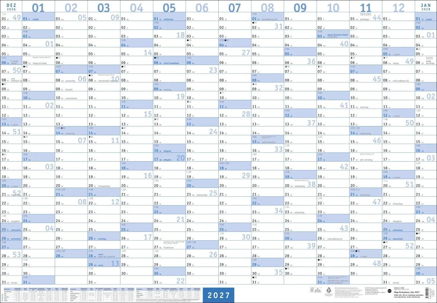 Cover: 9783756415106 | Mega-Posterplaner, blau 2027 | Kalender | Jahresplaner Kalender Heye