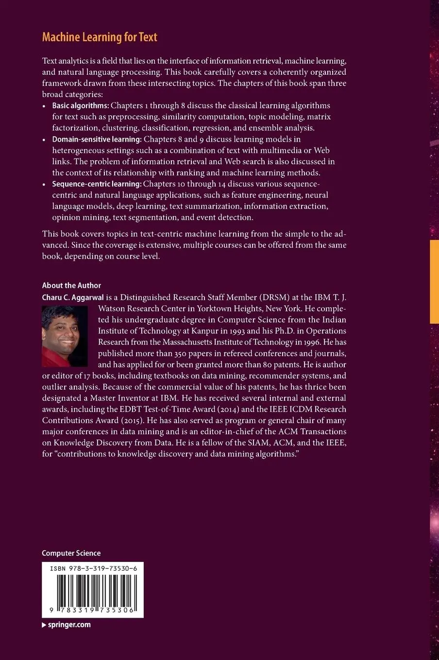 Rückseite: 9783319735306 | Machine Learning for Text | Charu C. Aggarwal | Buch | xxiii | 2018