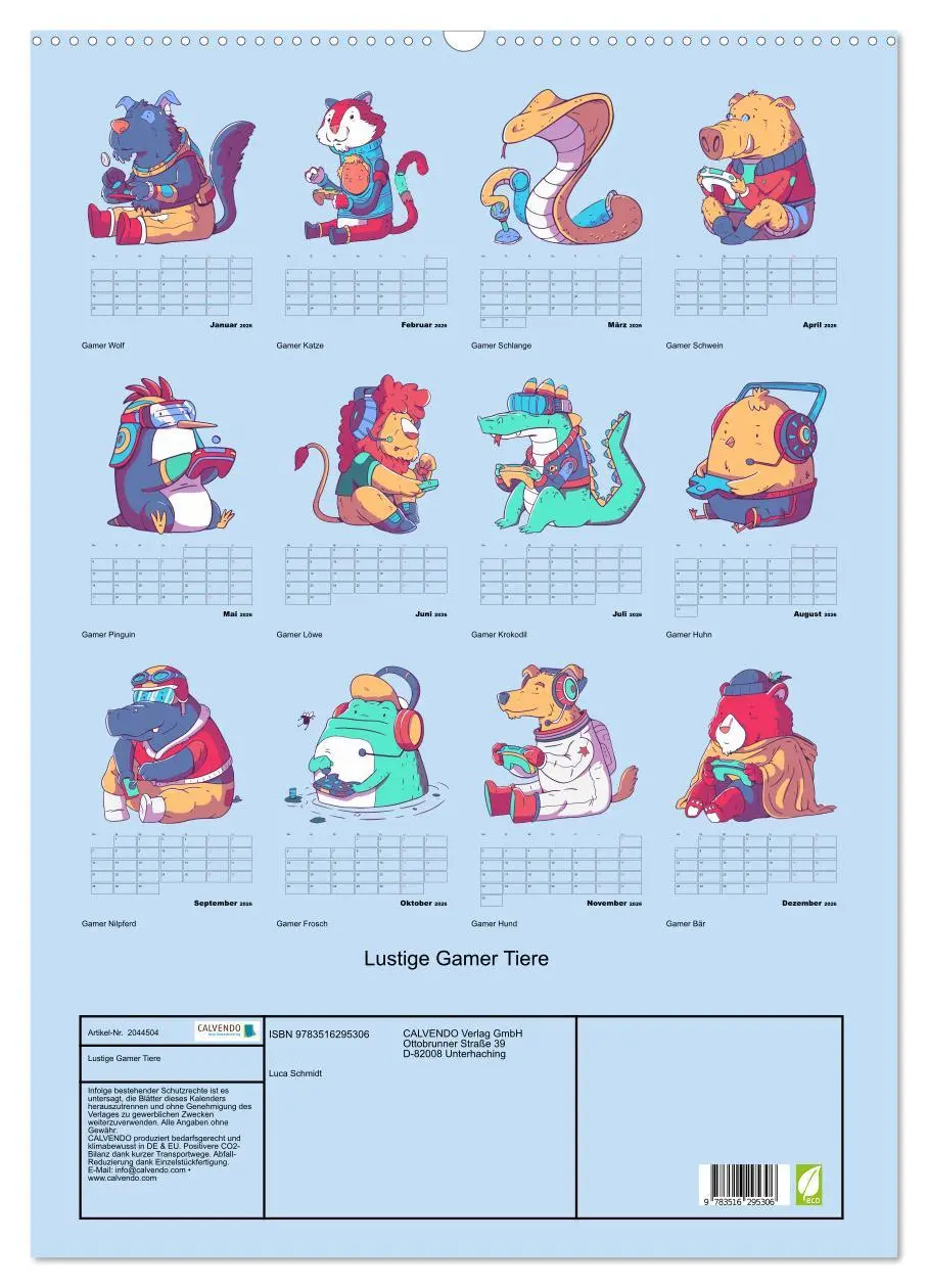 Bild: 9783516295306 | Lustige Gamer Tiere (Wandkalender 2026 DIN A2 hoch), CALVENDO...