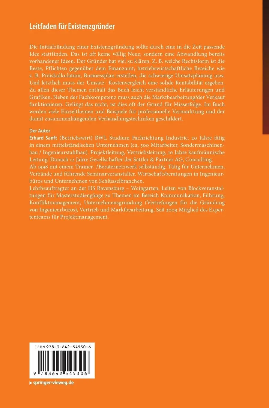 Rückseite: 9783642545306 | Leitfaden für Existenzgründer | Erhard Sanft | Buch | viii | Deutsch