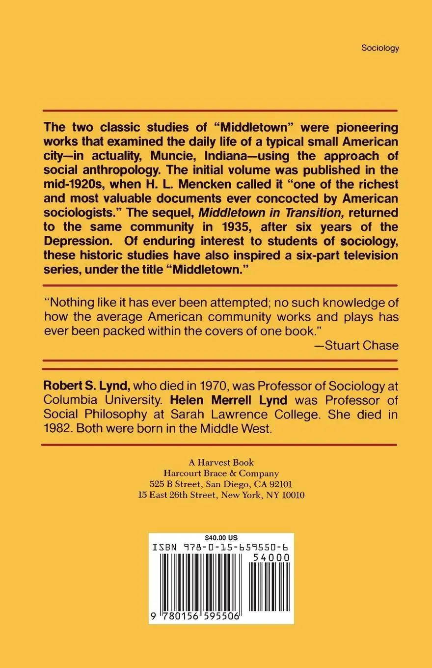Rückseite: 9780156595506 | Middletown | A Study in Modern American Culture | Robert Lynd (u. a.)