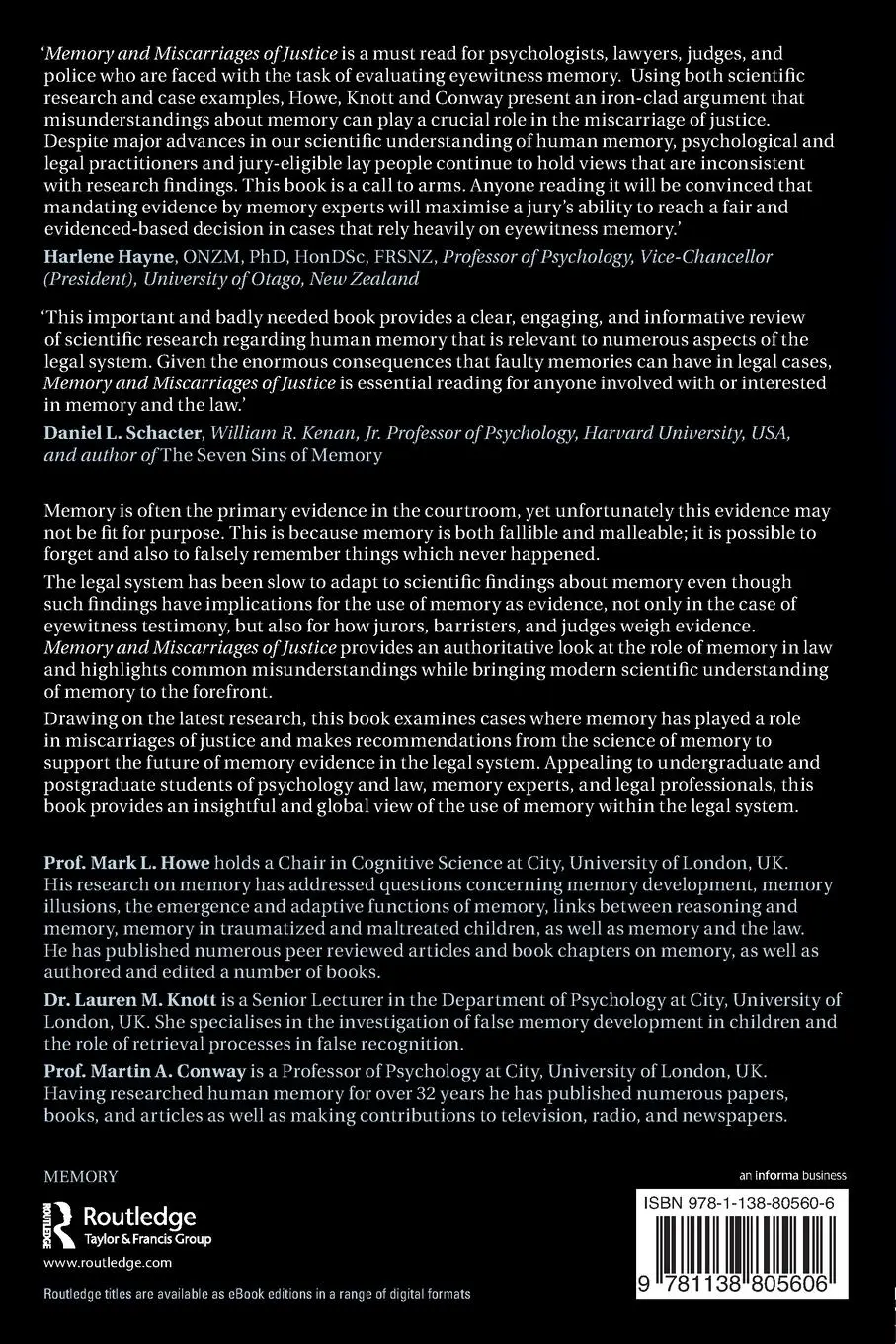 Rückseite: 9781138805606 | Memory and Miscarriages of Justice | Mark L. Howe (u. a.) | Buch