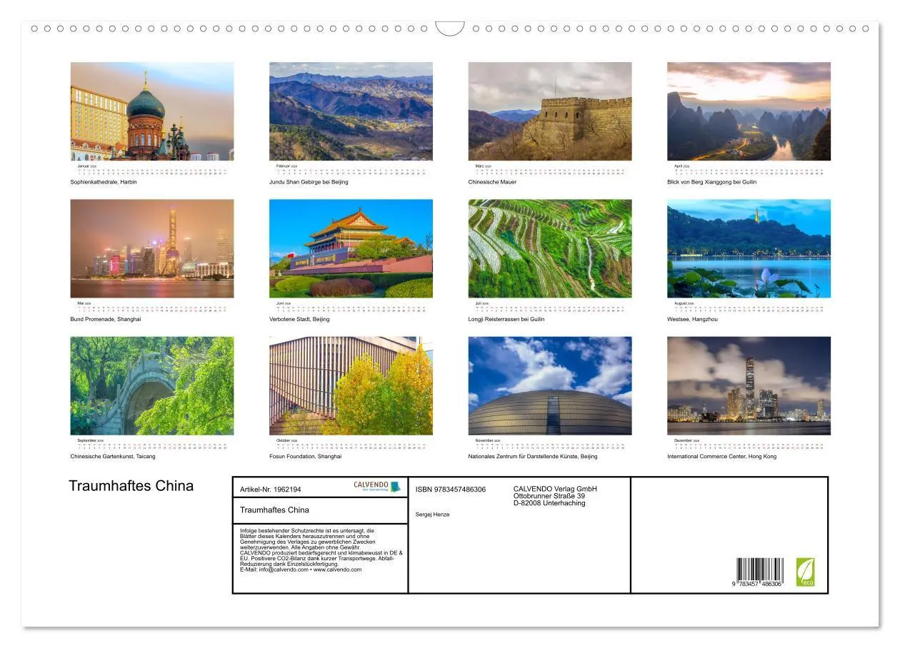 Bild: 9783457486306 | Traumhaftes China (Wandkalender 2026 DIN A2 quer), CALVENDO...