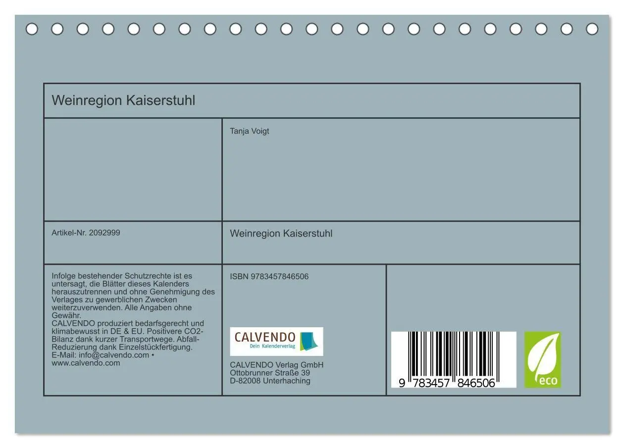 Bild: 9783457846506 | Weinregion Kaiserstuhl (Tischkalender 2026 DIN A5 quer), CALVENDO...