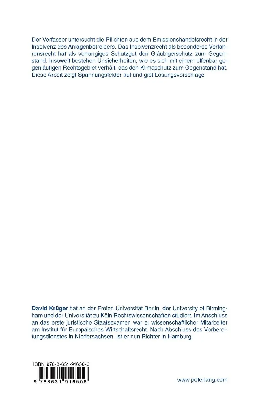 Rückseite: 9783631916506 | Die emissionshandelsrechtlichen Pflichten in der Insolvenz des...