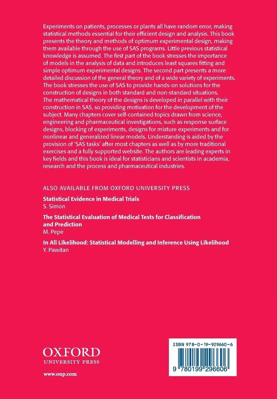 Rückseite: 9780199296606 | Optimum Experimental Designs, with SAS | A. C. Atkinson (u. a.) | Buch