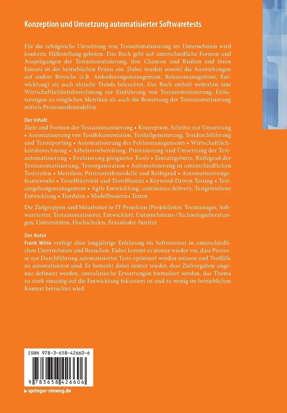 Rückseite: 9783658426606 | Konzeption und Umsetzung automatisierter Softwaretests | Frank Witte