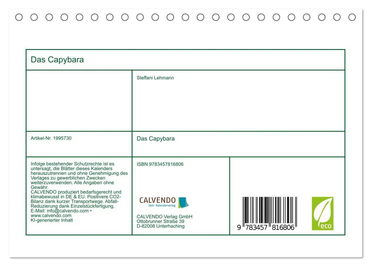 Bild: 9783457816806 | Das Capybara (Tischkalender 2026 DIN A5 quer), CALVENDO Monatskalender