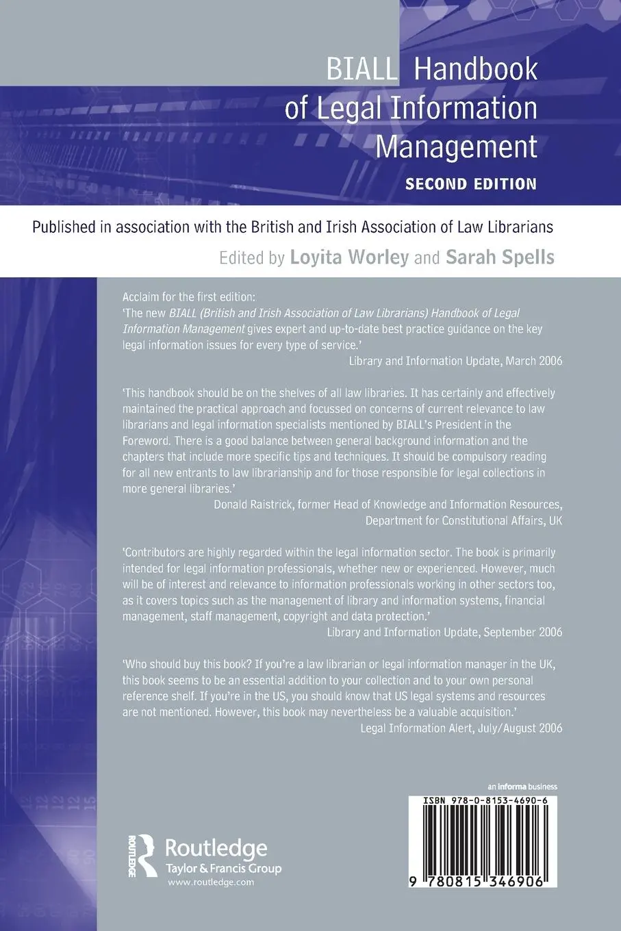 Rückseite: 9780815346906 | BIALL Handbook of Legal Information Management | Loyita Worley | Buch