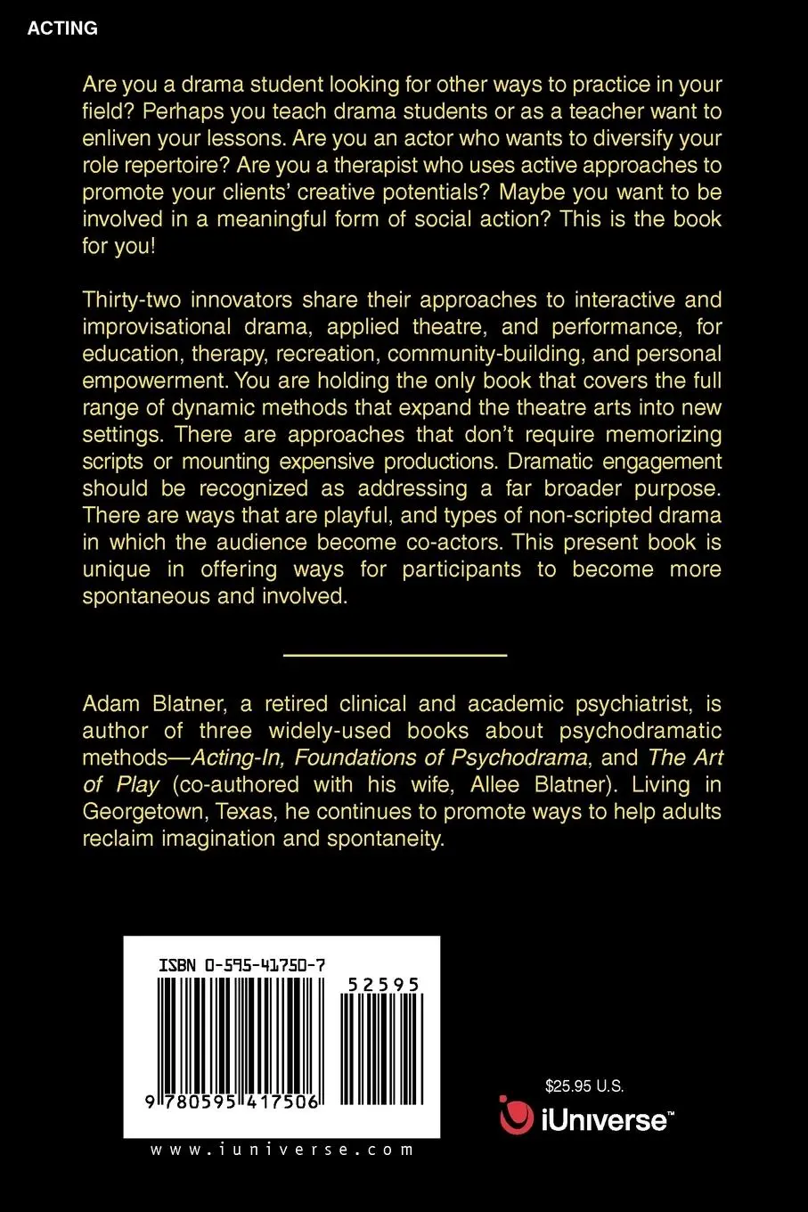 Rückseite: 9780595417506 | Interactive and Improvisational Drama | Adam MD Blatner | Taschenbuch