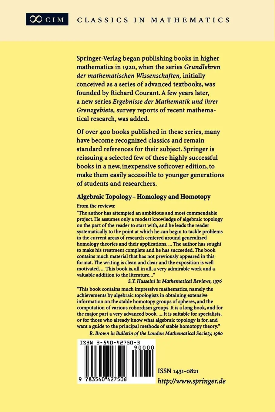 Rückseite: 9783540427506 | Algebraic Topology - Homotopy and Homology | Robert M. Switzer | Buch
