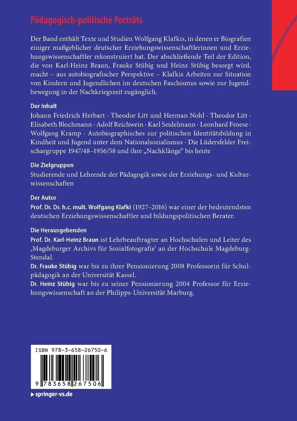 Rückseite: 9783658267506 | Pädagogisch-politische Porträts | Wolfgang Klafki | Taschenbuch | vi