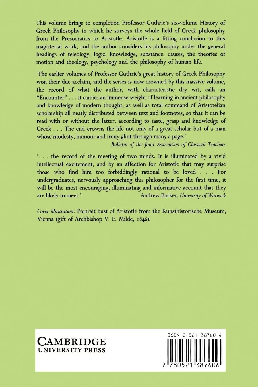 Rückseite: 9780521387606 | A History of Greek Philosophy | Volume 6, Aristotle: An Encounter