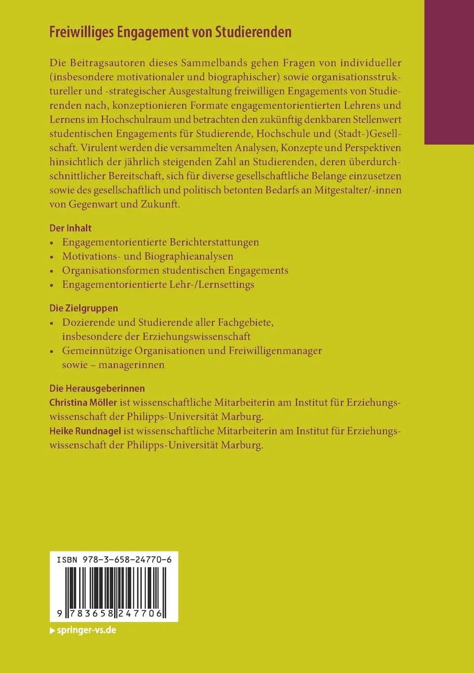 Rückseite: 9783658247706 | Freiwilliges Engagement von Studierenden | Heike Rundnagel (u. a.)