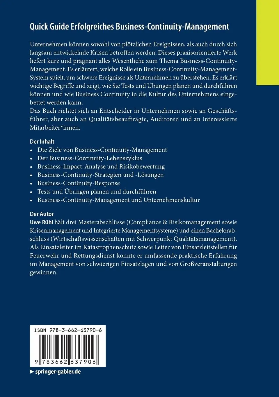 Rückseite: 9783662637906 | Quick Guide Erfolgreiches Business-Continuity-Management | Uwe Rühl