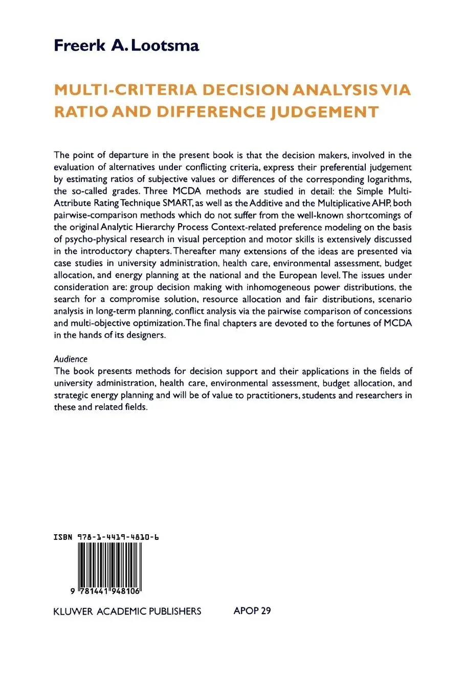 Rückseite: 9781441948106 | Multi-Criteria Decision Analysis via Ratio and Difference Judgement