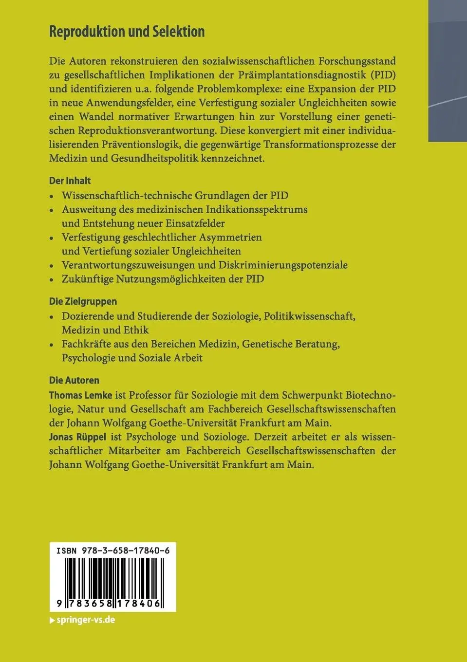 Rückseite: 9783658178406 | Reproduktion und Selektion | Thomas Lemke (u. a.) | Taschenbuch | xiv
