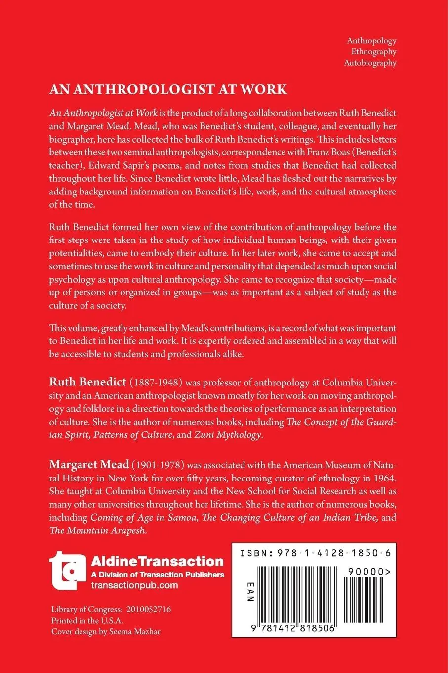 Rückseite: 9781412818506 | An Anthropologist at Work | Ruth Benedict | Taschenbuch | Englisch