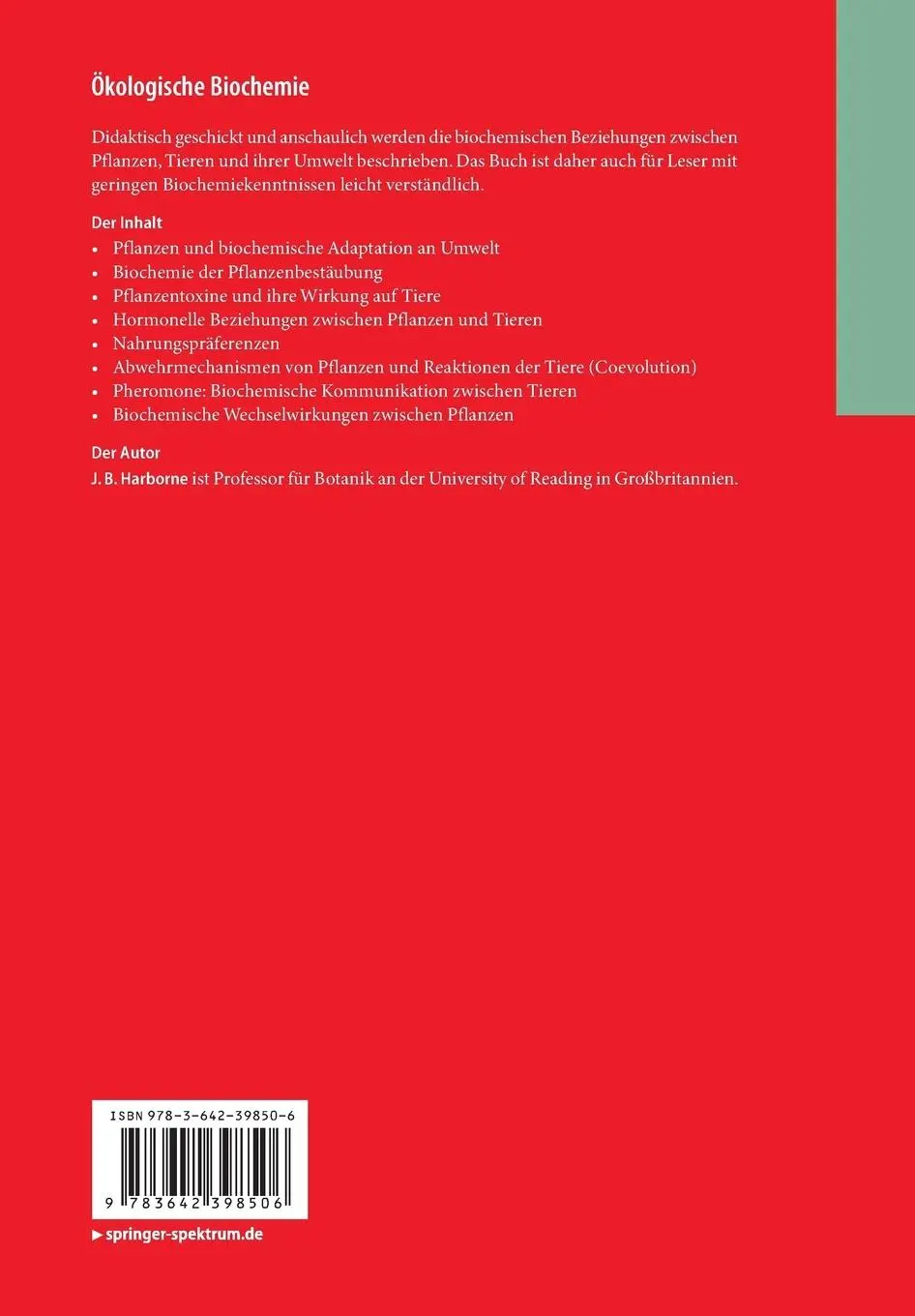 Rückseite: 9783642398506 | Ökologische Biochemie | Eine Einführung | Jeffrey B. Harborne | Buch