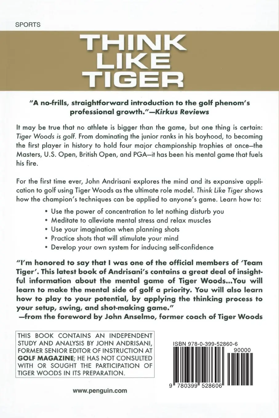 Rückseite: 9780399528606 | Think Like Tiger | An Analysis of Tiger Woods' Mental Game | Andrisani