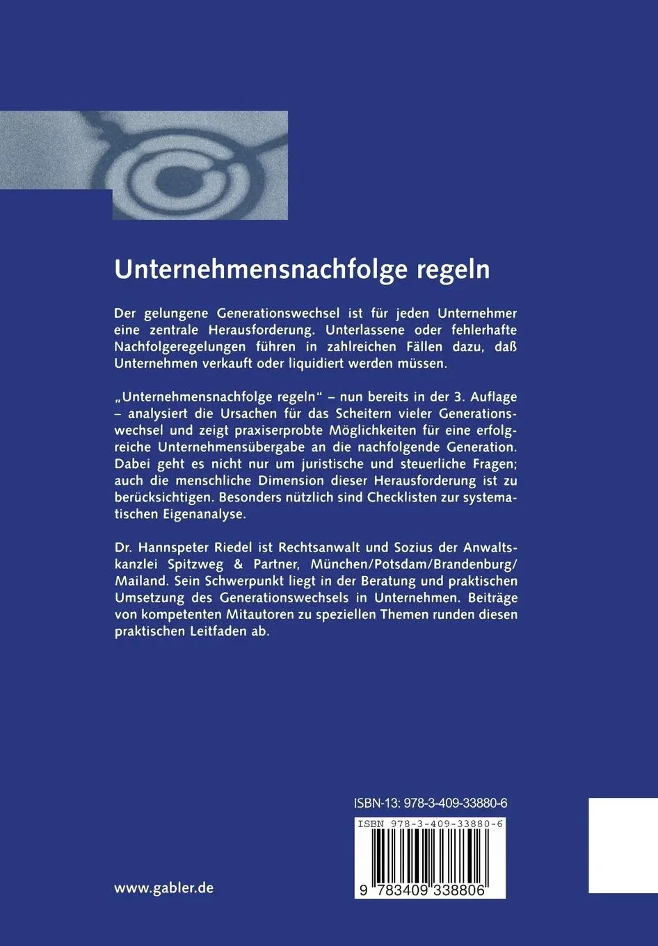 Rückseite: 9783409338806 | Unternehmensnachfolge regeln | Hannspeter Riedel | Taschenbuch | viii