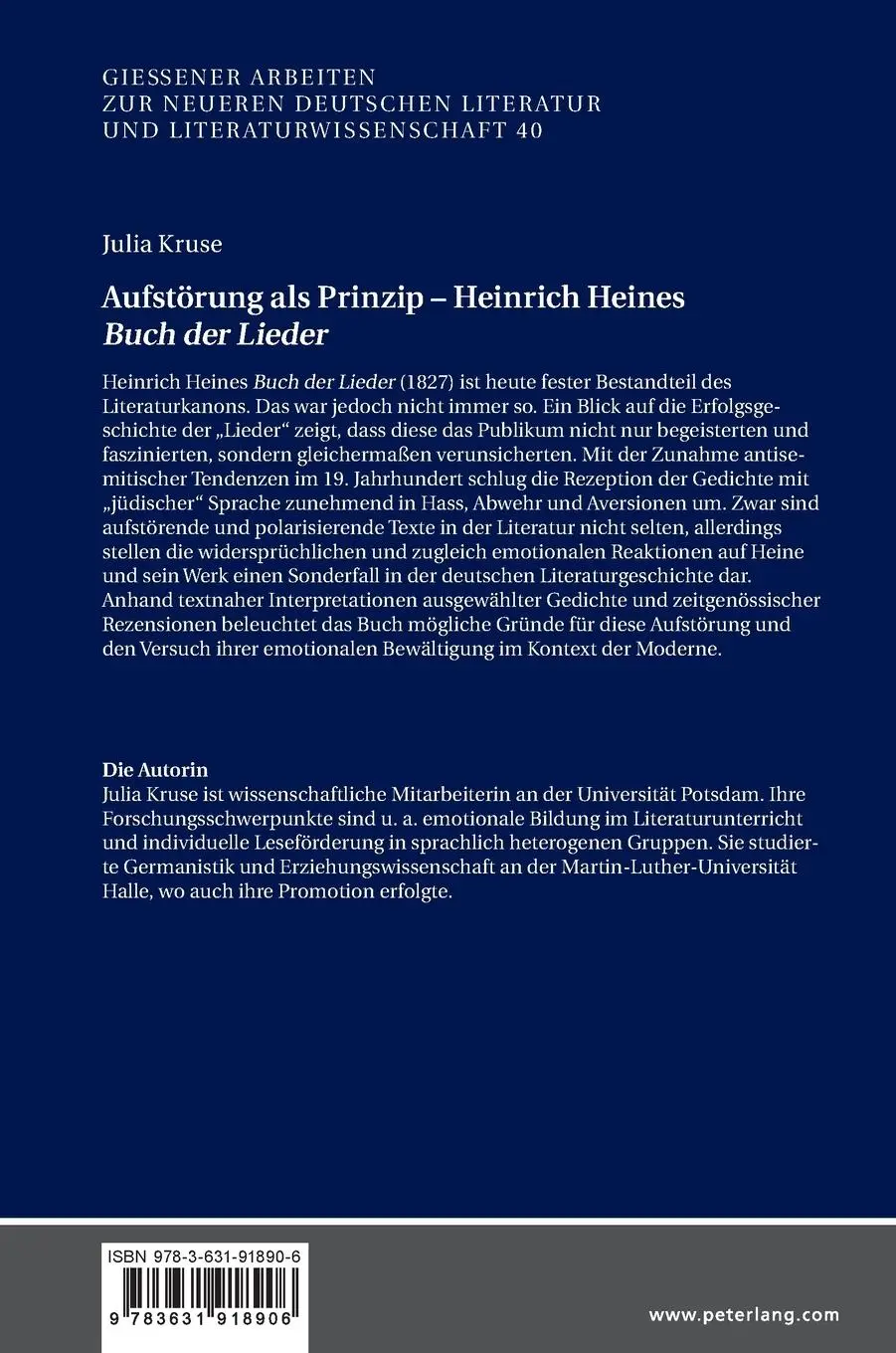Rückseite: 9783631918906 | Aufstörung als Prinzip - Heinrich Heines 'Buch der Lieder' | Kruse