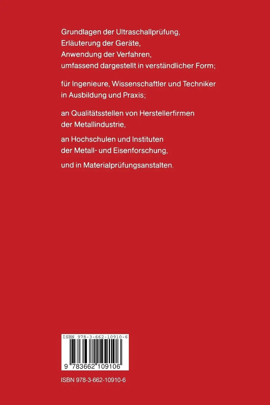 Rückseite: 9783662109106 | Werkstoffprüfung mit Ultraschall | Josef Krautkrämer (u. a.) | Buch