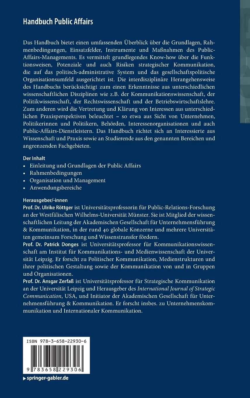 Rückseite: 9783658229306 | Handbuch Public Affairs | Ulrike Röttger (u. a.) | Buch | XXI | 2021