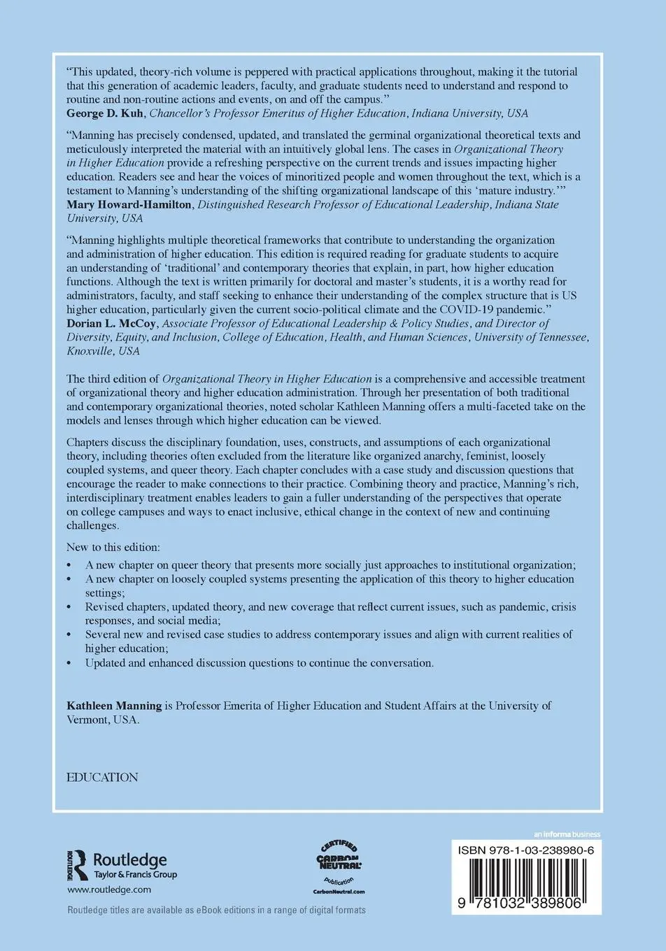 Rückseite: 9781032389806 | Organizational Theory in Higher Education | Kathleen Manning | Buch