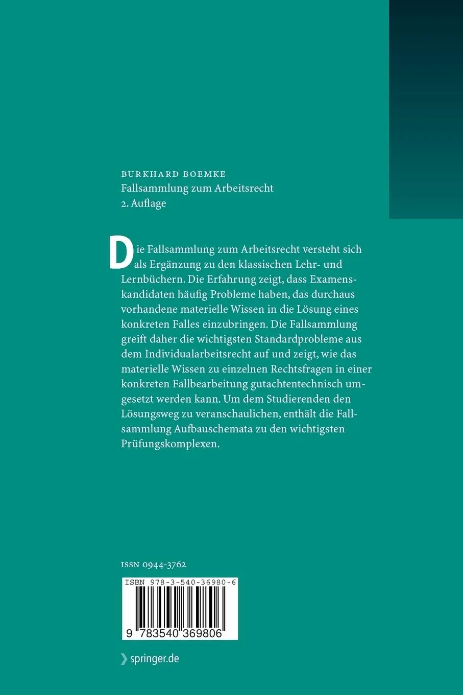 Rückseite: 9783540369806 | Fallsammlung zum Arbeitsrecht | Burkhard Boemke | Taschenbuch | viii