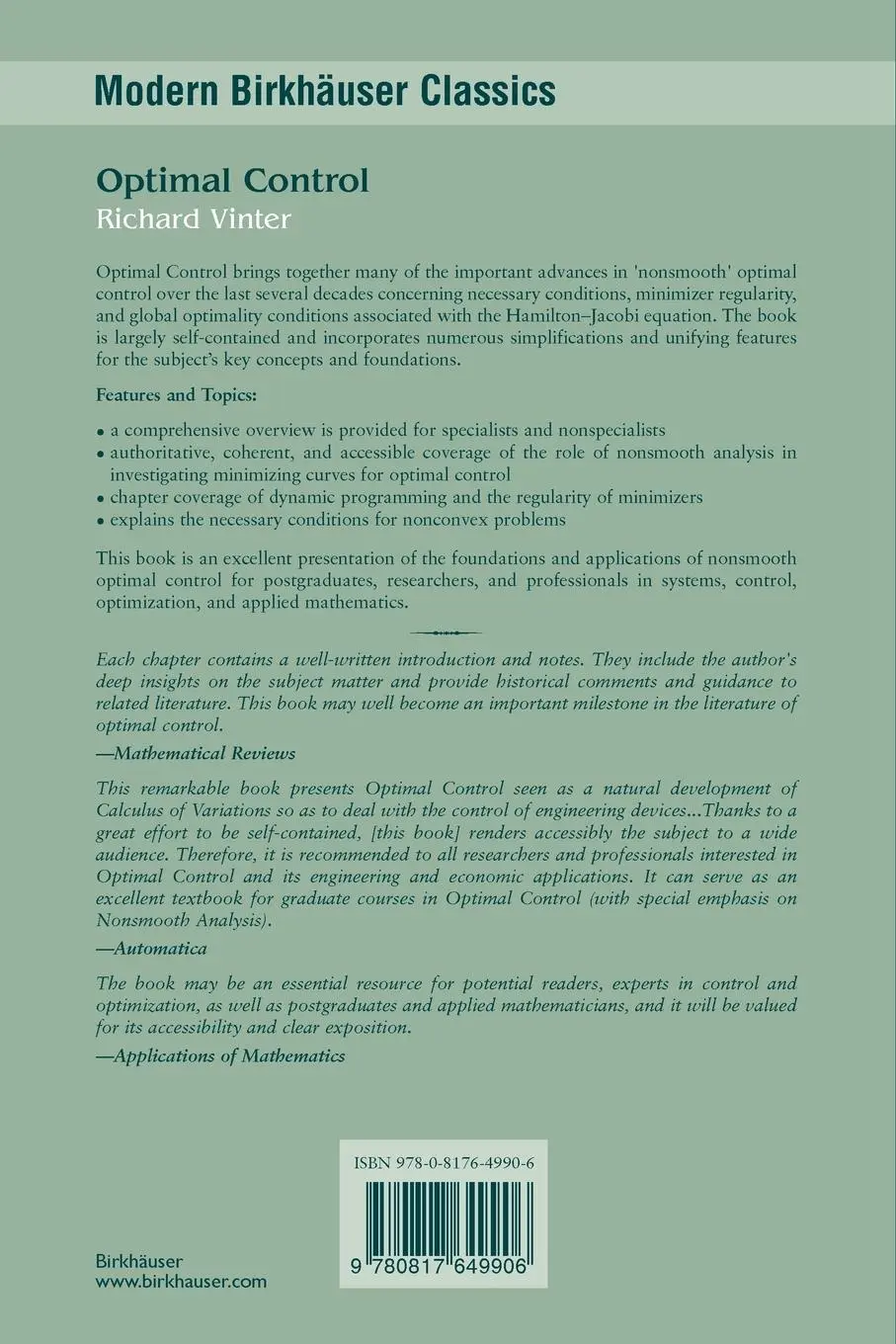 Rückseite: 9780817649906 | Optimal Control | Richard Vinter | Taschenbuch | xx | Englisch | 2010