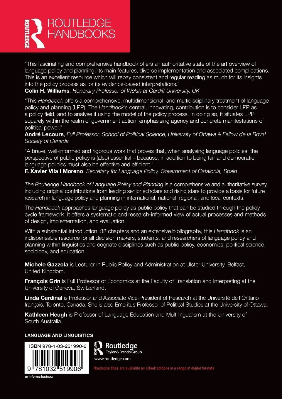 Rückseite: 9781032519906 | The Routledge Handbook of Language Policy and Planning | Grin (u. a.)