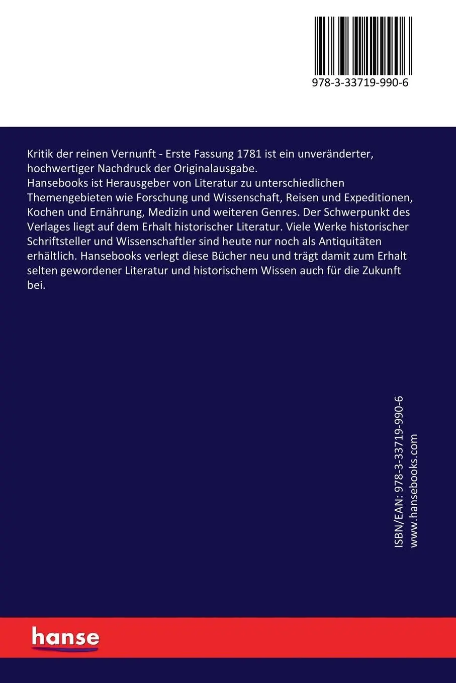 Rückseite: 9783337199906 | Kritik der reinen Vernunft | Erste Fassung 1781 | Immanuel Kant | Buch