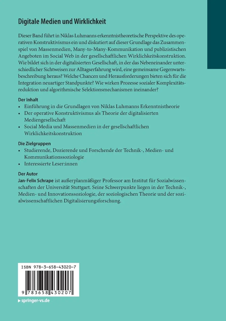Rückseite: 9783658430207 | Digitale Medien und Wirklichkeit | Jan-Felix Schrape | Taschenbuch