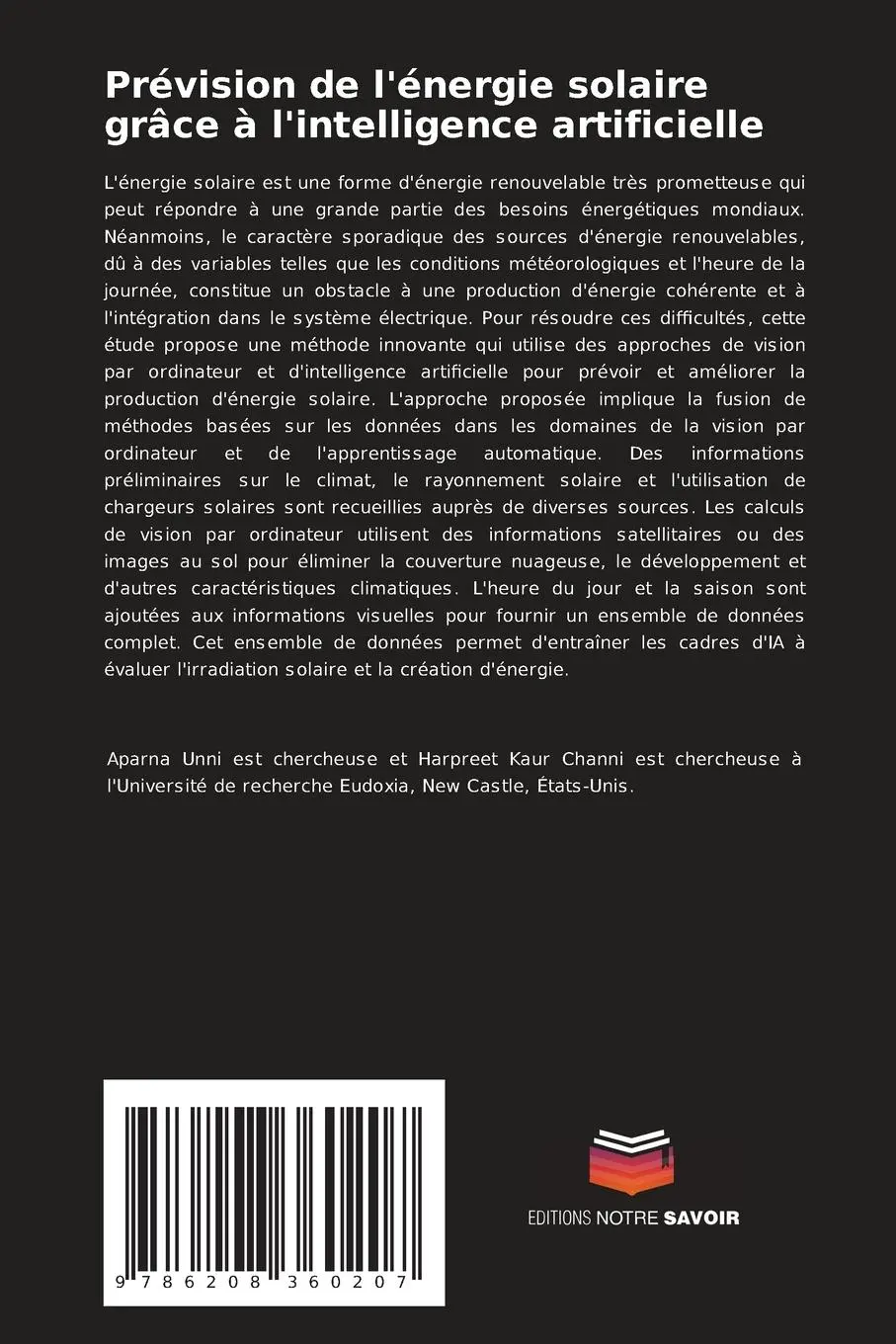 Rückseite: 9786208360207 | Prévision de l'énergie solaire grâce à l'intelligence artificielle