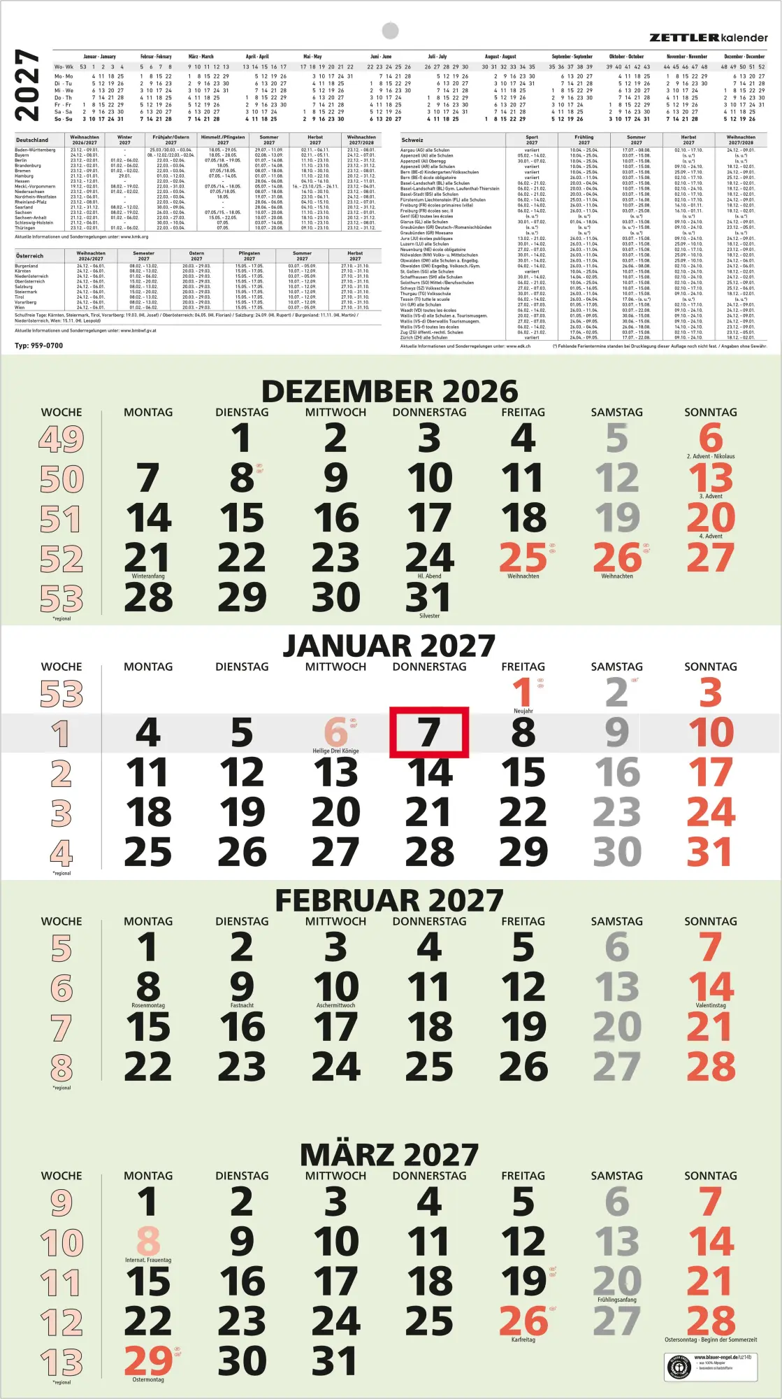 Cover: 4069095010307 | 4-Monatskalender grün Blauer Engel 2027 | Neumann Verlage GmbH &amp; Co KG