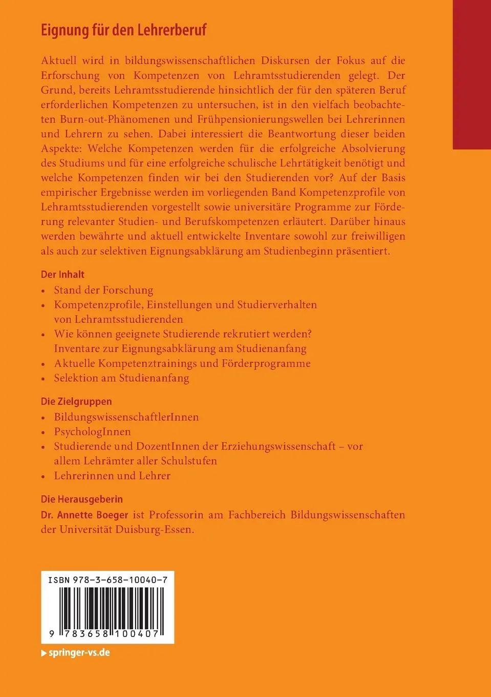 Rückseite: 9783658100407 | Eignung für den Lehrerberuf | Auswahl und Förderung | Annette Boeger