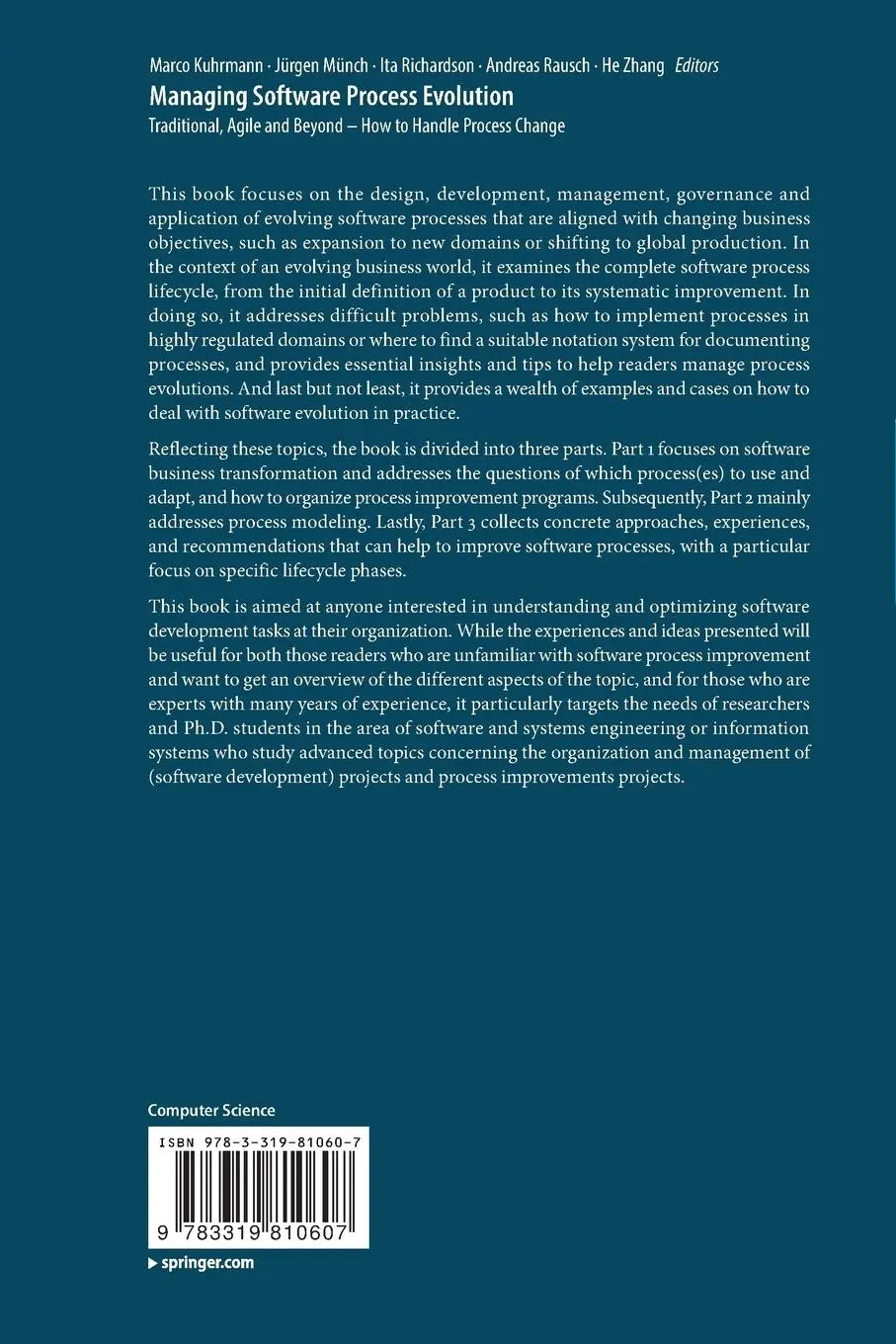 Rückseite: 9783319810607 | Managing Software Process Evolution | Marco Kuhrmann (u. a.) | Buch
