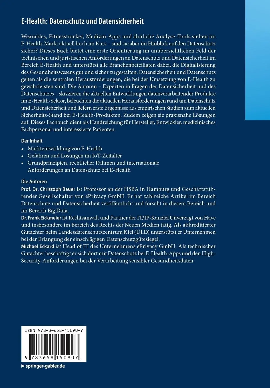 Rückseite: 9783658150907 | E-Health: Datenschutz und Datensicherheit | Christoph Bauer (u. a.)