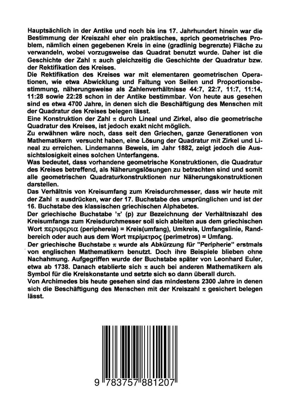 Rückseite: 9783757881207 | Zur Geschichte der Zahl PI | Die Quadratur des Kreises als Näherung
