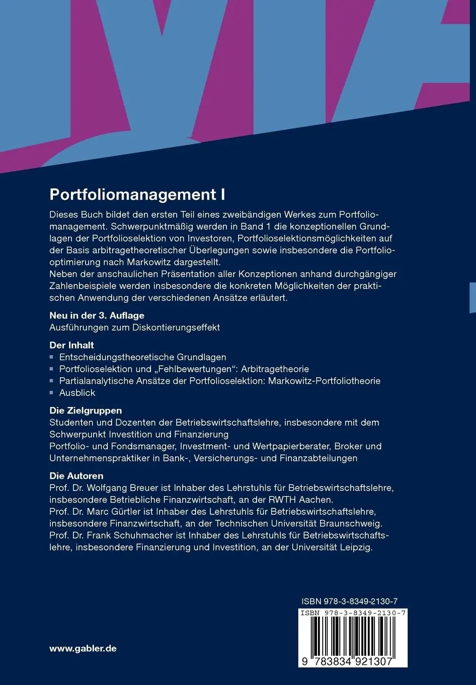 Rückseite: 9783834921307 | Portfoliomanagement I | Grundlagen | Wolfgang Breuer (u. a.) | Buch