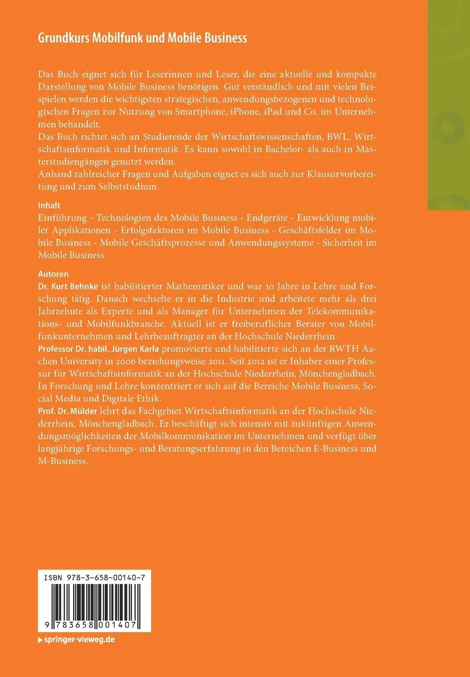Rückseite: 9783658001407 | Grundkurs Mobilfunk und Mobile Business | Kurt Behnke (u. a.) | Buch