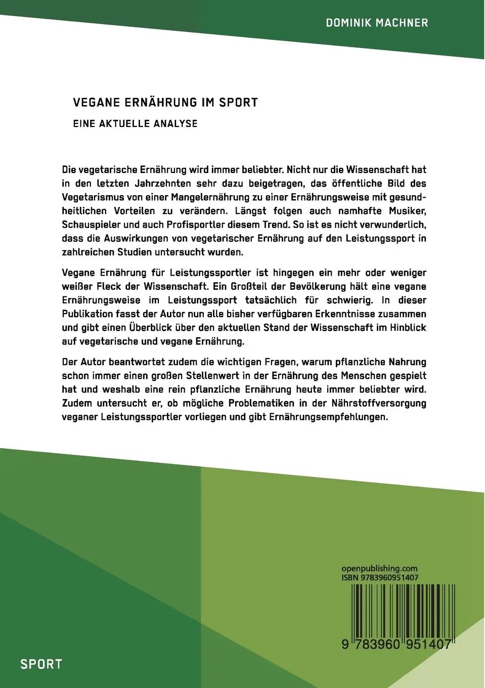 Rückseite: 9783960951407 | Vegane Ernährung im Sport | Eine aktuelle Analyse | Dominik Machner