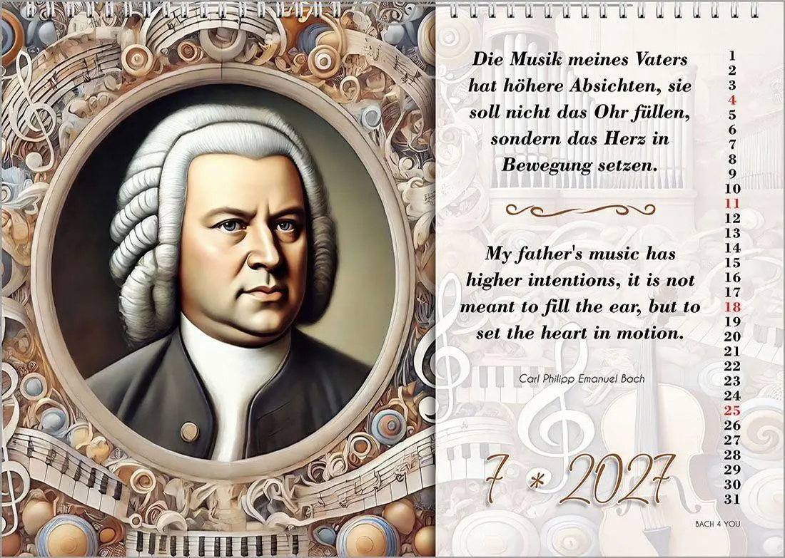 Bild: 9783969031407 | Johann-Sebastian-Bach-Zitate-Kalender, ein Musik-Kalender 2027, DIN A4