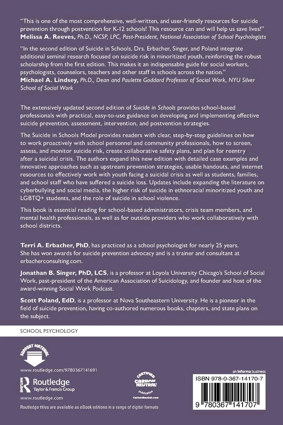 Rückseite: 9780367141707 | Suicide in Schools | Terri A. Erbacher (u. a.) | Taschenbuch | 2023