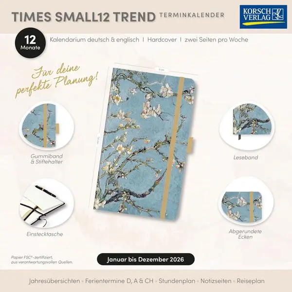 Bild: 9783731892007 | Buchkalender Times Small12 Trend Mandelblüte 2026 | Verlag Korsch