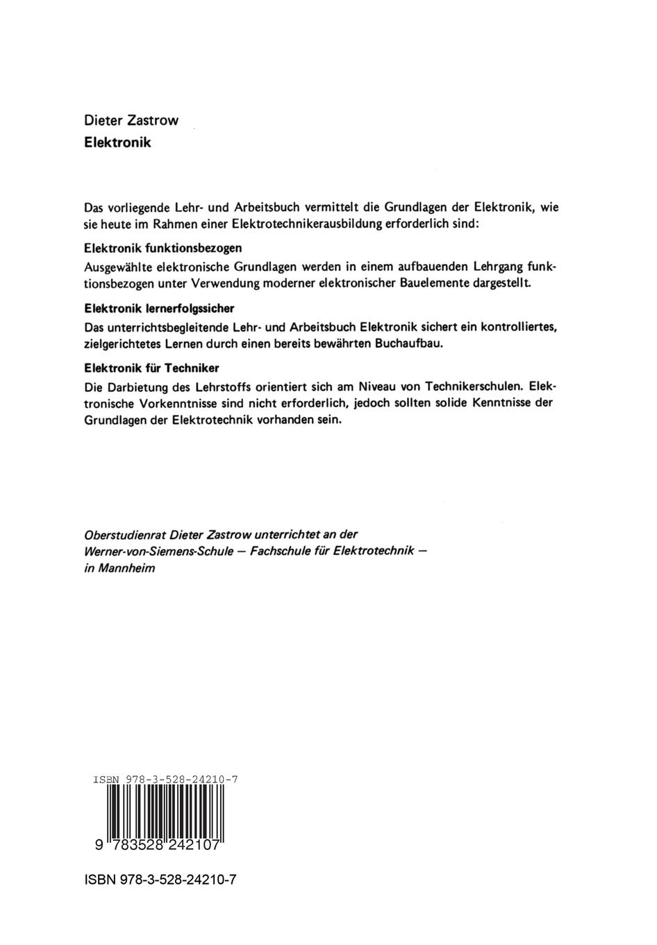 Rückseite: 9783528242107 | Elektronik | Lehr- und Arbeitsbuch | Dieter Zastrow | Taschenbuch